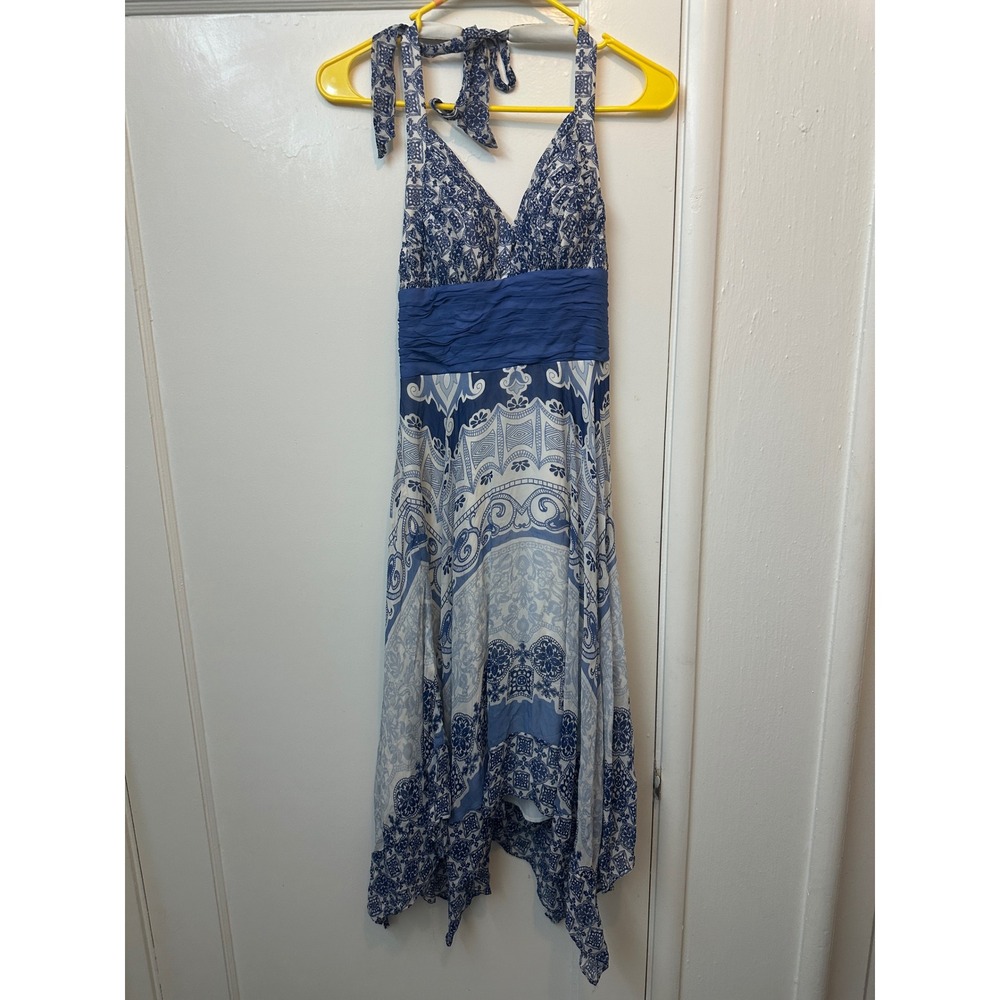 Sangria Womens Blue White Silk Paisley Halter Handkerchief Hem Dress Size 4